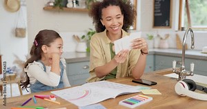 High five, homework cards and a mother teaching her daughter in the living room of their home for distance learning. Kids, remote or private education with woman teacher and student success in house
