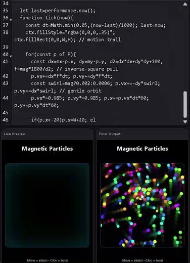Magnetic Particles — Move to Attract, Click to Burst (HTML/CSS/JS) #shorts