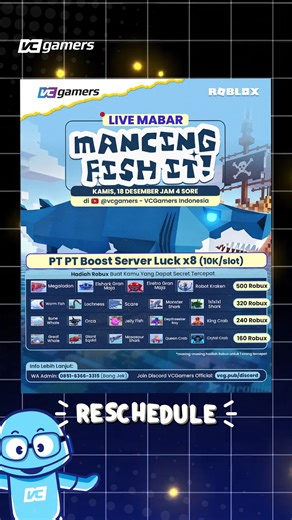 VCGamers on Instagram: "🎣 LIVE MABAR FISH IT! (Reschedule) waktunya mancing bareng komunitas VCGamers! 🌊🐟 PT PT Boost Server Luck x8 siap nemenin kamu gacha ikan SIKRIT biar makin cuan! 💥 Dapetin hadiah Robux buat kamu yang berhasil nangkep Secret tercepat! 🤯🔥 📅 Kamis, 18 Desember 2025 ⏰ Jam 4 sore 🔻 Hadiah Robux per Secret 🦈 Megalodon, Elshark, Elretro, Robot Kraken — 500 Robux 🐉 Loch Ness, Monster Shark, Worm Fish, 1x1x1 Sharks — 320 Robux 🐚 King Crab, Ray, Orca, Jellyfish, Bone Wha