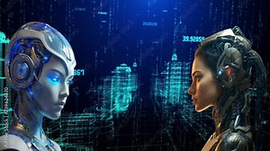human android versus robot on city digital Stock Video