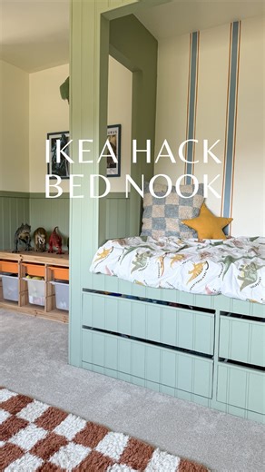 Ikea Hack Creating a bed nook using an @ikeauk Slakt that I got of Facebook marketplace, I paid the same as I sold his old bed for so it was basically Free. I removed the existing skirting so the bed could be flush to the wall then I built a frame around the bed (with my brothers help). Using these lovely tongue and groove panels from @thepanelcompany to cover the outside of the frame, I used standard 6 or 9 mm mdf for the edges and internal, to save money I used what I had left from the wardrob