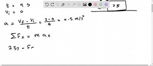As seen in  Fig.  3-15, a force of 400  N pushes on a 25-kg box. Starting from rest, the box uniformly speeds up and achieves a velocity of 2.0  m / s in a time of 4.0  s. Compute the coefficient of kinetic friction between box and floor. Fig. 3-15 The box experiences an unbalanced horizontal force, which is the x -component of the applied force minus the friction force. This resultant force, =ΣF5, accelerates the box horizontally in the  χdirection. We can find a from the uniformly accelerated 