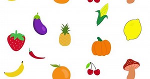 Frutas y verduras 4K Animación Bucle inconsútil sobre fondo blanco. Animación de ilustración de frutas y verduras de colores.