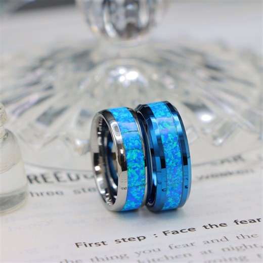Fire Opal Men's Engagement Ring, Blue Green Inlay Tungsten Wedding Rings, Silver Women's Ring, Anniversary Band - Etsy