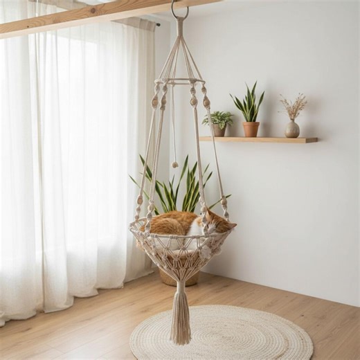 Macrame Cat Hammock, Boho Hanging Cat Bed, Wall Furniture Swing Nest - Etsy