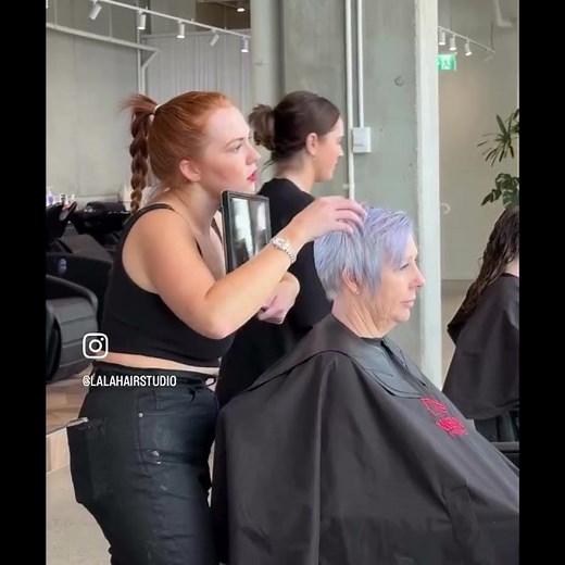 Short, sharp purple and absolutely not boring haircut at LALA Hair Studio