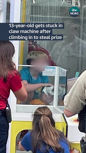 13-year-old gets stuck in claw machine after climbing in to steal prize #clawmachine #prize #stuck