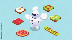 Robot chef preparing food vector illustration. Smart AI cook learning and demonstrating salad and sandwich recipes for restaurant menu 3d animation cartoon Stock Video