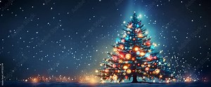 Decorated Christmas tree stands in the snow, illuminated by sparkling lights and surrounded by snowflakes on a winter night. Christmas tree glowing in the middle of a snowy field.