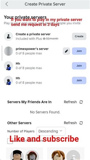 if you want to play in my private server send me request #subscribe #roblox