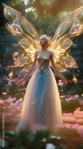 A mystical fairy with luminous wings in a serene, magical forest setting, surrounded by flowers and natural beauty.