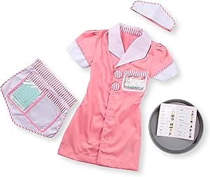 Melissa & Doug Waitress Role Play Costume Set (7 pcs) - Includes Apron, Order Pad, Cap Pink 3-6 years