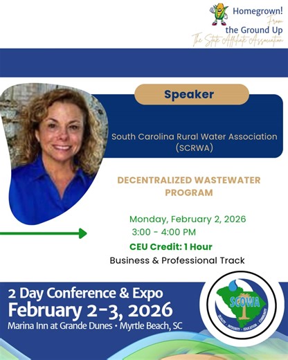 We’re proud to spotlight Paula Brown with the South Carolina Rural Water Association (SCRWA) at the SCOWA Statewide 2-Day Conference & Expo! 👤 Speaker: Paula Brown 🏛 Organization: South Carolina Rural Water Association (SCRWA) 📘 Session: Decentralized Wastewater Program 📅 Monday, February 2, 2026 ⏰ 3:00 – 4:00 PM 📌 Business & Professional Track 🎓 CEU Credit: 1 Hour Session Overview: This session highlights SCRWA’s Decentralized Wastewater Program, which supports rural and small communities