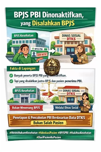 BPJS PBI Dinonaktifkan, yang Disalahkan BPJS Fakta di lapangan menunjukkan banyak peserta BPJS PBI dinonaktifkan, yang kerap disalahkan justru BPJS sebagai sistem layanan dan pasien penerima PBI. Padahal, penetapan dan pencabutan status PBI bukan kewenangan BPJS maupun fasilitas kesehatan, melainkan berada pada Dinas Sosial melalui basis data DTKS. Ketika data bermasalah, dampaknya langsung dirasakan oleh pasien dan tenaga kesehatan di lapangan. #MelekHukumKesehatan #AdvokasiPasien #BPJSPBI #Hak