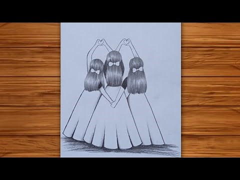 How to draw three girls best friends step by step|girls friendship drawing easy|pencil drawing easy