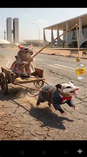 A Corrida pelo Poder (ou pelo Corote) Puxando a carroça com determinação cômica, vemos um gambá vestido de paletó cinza e gravata borboleta vermelha. Ele corre ofegante, com os olhos fixos no