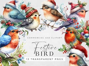 Watercolor Christmas Bird Clipart: Festive Holiday PNG (digital Download) - Etsy