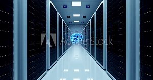 AI Network and data servers behind of glass panels. Computer racks all around. Technology Related 4K 3D Animation.