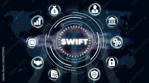 Global Financial Network S W I F T System on Dark Background with Map SWIFT global finance financial money transfer