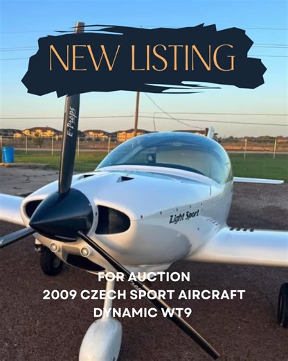 Aircraft for Auction 2009 Czech Sport Aircraft Dynamic WT9 in Texas USA (N355MM) Fast lightweight & efficient with a brand new engine light prop & upgraded 2023 Garmin avionics. Fresh interior with new seats & panels ready to fly. Auction Location Tomball Texas USA | Seller AirSpace Auctions Find more at https://avpay.aero/company/airspace-auctions/product/2009-czech-sport-aircraft-dynamic-wt9-for-auction-in-texas-usa-n355mm/ #AircraftForAuction #WT9 #SportAircraft #LightSport #TexasAuction #Air