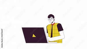 Office worker laptop animation. Animated cartoon man looking computer screen. Isolated colour flat line 2D character 4K video footage, white background, alpha channel transparency for web design Stock Video
