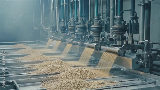 Rotating steel blades slice bioplastic strands into uniform pellets. The pellets fall rapidly into a cooling tray in a large factory hall with overhead pipes and noise dampeners