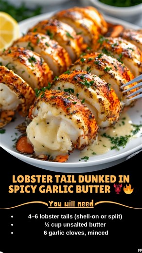 Lobster 🐠 Tail Dunked in Spicy Garlic Butter 🦞🔥 Seafood showstopper, spicy garlic butter, buttery flavor explosion, quick seafood fix, dipping dream, bold flavor, fancy vibes, flavor-packed indulgence. 📝 Ingredients : 4–6 lobster tails, shell-on or split 1/2 cup unsalted butter 6 garlic cloves, minced ..... Full Recipe in Coʍmеոτ 💬 🐄 | Mommy Needs A Recipe