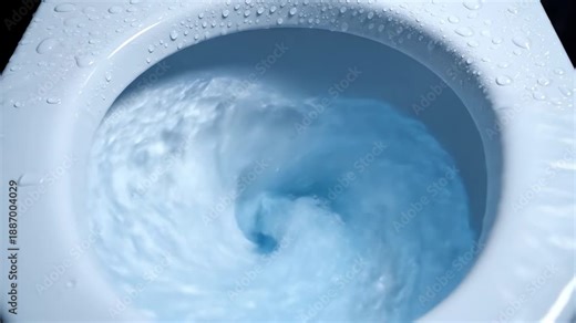 White Toilet Bowl Flushing with Blue Tinted Water and Condensation Droplets on The Rim Close Up Clean Sanitary Plumbing Bathroom Fixture Hygiene Concept