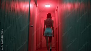 Cinematic footage of a young woman walking away from camera down a long corridor lit by red light, creating a mysterious and suspenseful atmosphere