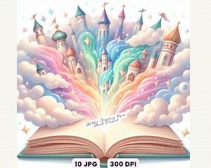 Open Book Clipart, Whimsical Kiddie Fantasy Book PNG, Watercolor Storybook Clipart, Magic Tale Open Book Illustration for Craft Junk Journal - Etsy