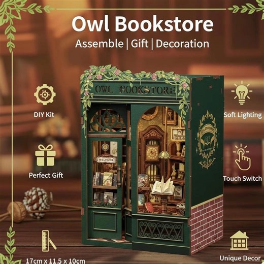 DIY Book Nook Kit Owl Bookstore Miniature Dollhouse Library Kit Wooden Bookshelf Insert With LED Light Bookish Gift for Readers Diorama Art - Etsy Canada