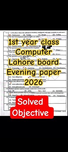 1st year class Computer Science Lahore board group 2 paper 2026 #11th Computer Solved LHR board 2026
