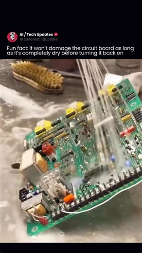 AI / Tech Updates on Instagram: "Does water damage an electronic circuit board? Surprisingly… not necessarily. The real enemy of electronics isn’t water itself, but electricity flowing while moisture is still present. In industrial settings, many circuit boards are intentionally washed to remove residues and contaminants. The key factor is simple, yet critical: the board must be **100% dry** before being powered on. That said, there are real risks. Tap water leaves mineral deposits, improper dry