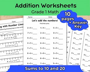 Addition Worksheets: Printable Math Practice Pages for Grade 1 (PDF Download) - Etsy