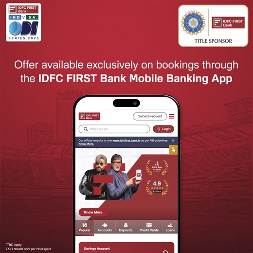 Book flights & hotels via the IDFC FIRST Bank Mobile Banking App and earn massive accelerated reward points on top of your regular credit card rewards. Now that’s a fifty to celebrate! Apply now: https://idfcfr.in/IDFCFB/mhCOuf #INDvSA #AlwaysYouFIRST #IDFCFIRSTBank | IDFC FIRST Bank
