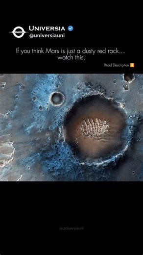 ᴜɴɪᴠᴇʀsɪᴀ on Instagram: "This is not an alien city. It is a crater on Mars and inside it lies a pattern shaped by wind, ice, and time. The bright, web-like structures are formed as seasonal ice expands and contracts, cracking the surface and reshaping the dunes. The blue tones come from minerals and frost that reflect sunlight differently in orbital imagery. Every crater on Mars is a record of ancient impacts, but the patterns inside them show the planet is still active today. Even a frozen worl