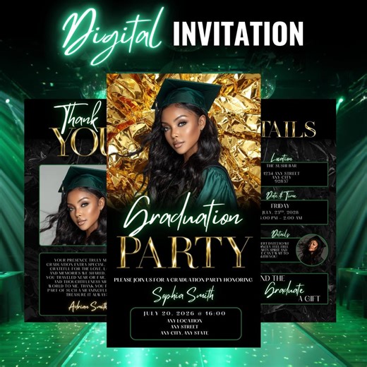 Graduation Party Invitation - Digital Grad Invite for Women - Class of 2026 - Green Modern Editable Ecard Text Invite - Instant Download - Etsy