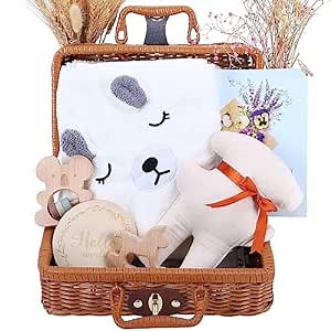 Baby Shower Gifts, 7Pcs Unisex Baby Gift Set for Newborn Boys Girls, Unique Baby Gift Basket with Bear Hooded Bath Towel Wood Koala Rattle, Soothing Doll, Wood Horse, Milestone & Greeting Card