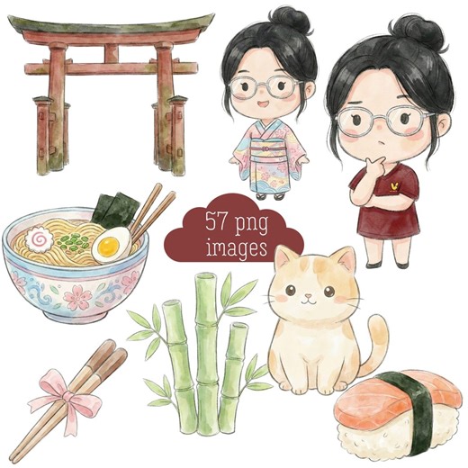 Asian Chibi Girl Clipart Set, Watercolor Pencil Style, Cute Planner Stickers, Kawaii Asian Elements, Digital Download - Etsy