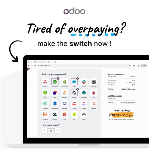 Tired of using 10 different apps to run your company? 📉 Simplify your workflow with Odoo. Whether you're managing Sales, Invoicing, Inventory, or your eCommerce store, Odoo integrates every department into one seamless software. Save time, reduce costs, and focus on what matters: growing your business. | Odoo