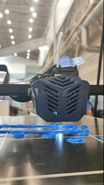 Process of printing object on 3D printer from molten plastic. 3D printer printing model using plastic from extruder. 3D printing technology. New modern additive prototyping technologies. Vertical