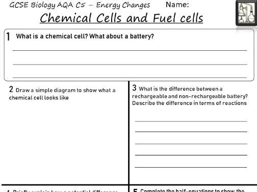 Chemical cells and fuel cells worksheet - AQA Chemistry GCSE Revision/Remote Learning | Teaching Resources
