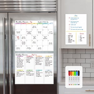 Clever Clean Non-Magnetic Calendar Set - Dry Erase Monthly Calendar, Weekly Planner Menu Planning Board Sticks to Most Smooth Surfaces. Ideal for Meal Planning,to-Do,Grocery List.