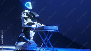White robot plays music on stage. Plays drums for the audience. New technologies in art. Robot creates music and art. Future and robotic concept