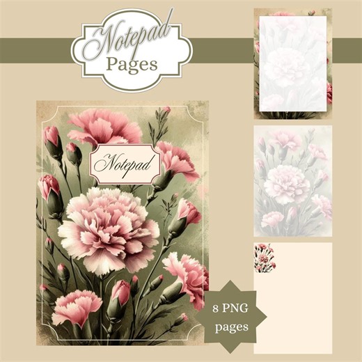 Pink Carnations Notepad Pages | Floral Notepad Set | Front and Back Cover | PNG Download - Etsy