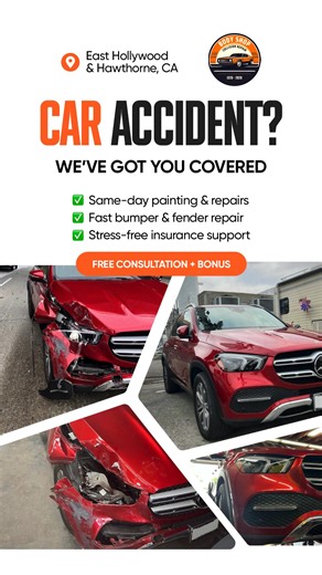 Car accident? We’ve got you covered. Collision • Insurance claims • Same-day repairs 📍 East Hollywood & Hawthorne, CA ✅ Same-day paint repair / scratch repair / bumper refinish from $450 ✅ We provide expert on-site color matching for flawless repairs ✅ FREE insurance claims assistance ✅ Dent, scratch & bumper repair ✅ Warranty included 💬 Book your FREE estimate today and get a special offer! 🌐 collisionfixed.com 📞 1 323 661 66 00 | The Body Shop Collision