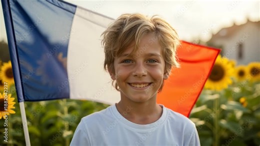 Young boy smiling with a French flag in a sunflower field. Patriotic child celebrating Bastille Day, July 14. National pride and childhood concept in golden hour light