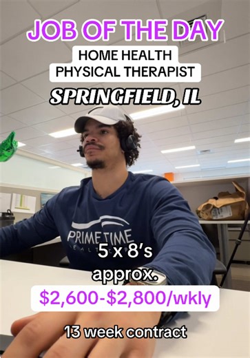 JOB OF THE DAY 🚨 HOME HEALTH PHYSICAL THERAPIST 📍 Springfield, IL Setting: Home Health Schedule: 5x8s (approx.) Contract Length: 13 weeks Weekly Pay: $2,600–$2,800 Hourly (taxed): ~$30–$35/hr (estimate based on weekly) BENEFITS INCLUDE: • Referral Bonuses • 401(k) with up to 4% match • HSA Savings Account • Medical, Dental & Vision Call or Text: 531-444-3347 DM me to get submitted fast #homehealth #physicaltherapy #physicaltherapist #alliedhealth #traveltherapy