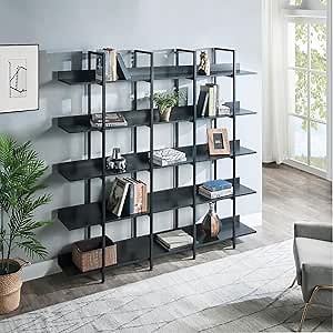 Wood Bookcase and Bookshelves Triple Wide 5-Tiers Large Open Shelves Multi Functional Room Divider Bookcases with Back Fence for Home Office (Black Frame with Black Shelf)