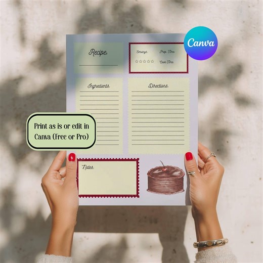 Printable Recipe Page, Homemade Cookbook Template, DIY Recipe Binder, Family Recipe Book Template, Retro Recipe Cards (Digital Download)
